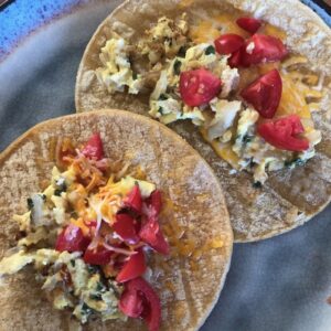 Andy's breakfast: scrambled egg quesadilla flavored with hoja santa